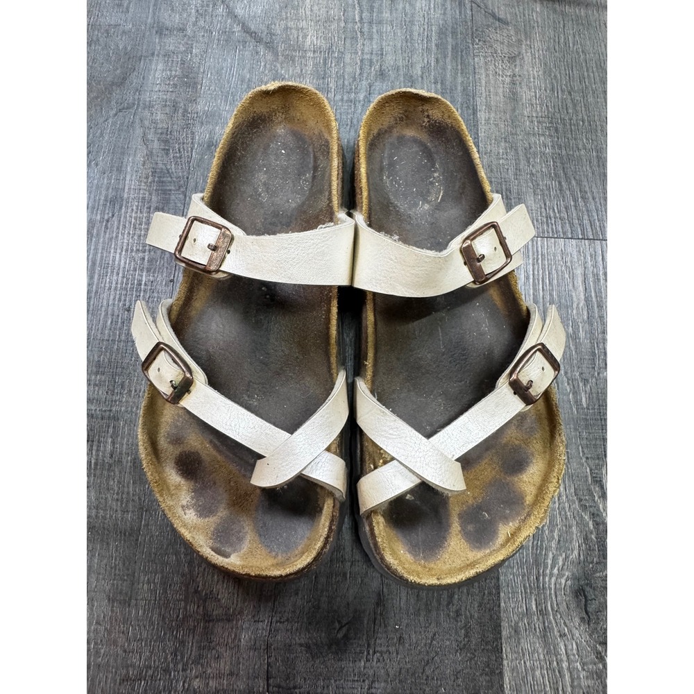 Birkenstock Mayari Metallic Pearl White Sandals Womens Size 37 Toe Loop Slides